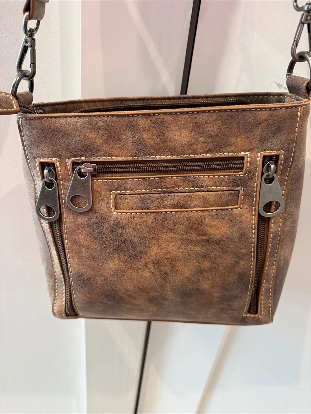 Cowhide Crossbody Bag with Patterned Strap - Brown/White